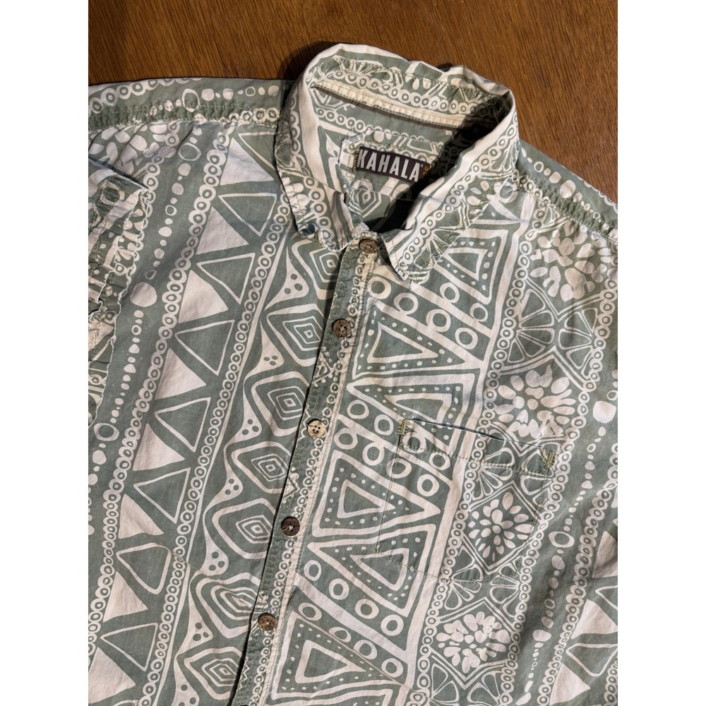 Vintage Kahala Hawaiian Shirt 3XL Big & Tall Green Tapa Tribal Cotton Aloha USA